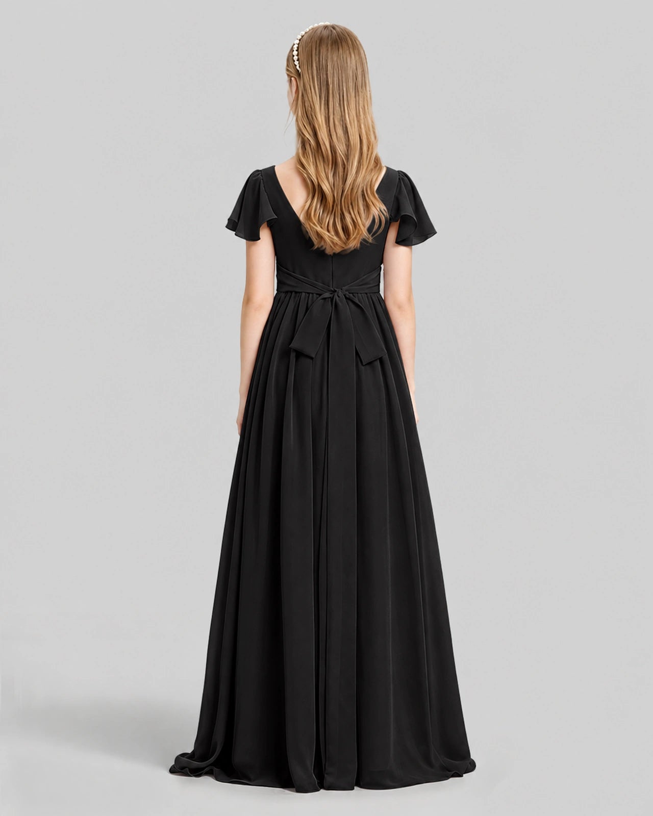 Dideyttawl Junior Bridesmaid Dress with Flutter Sleeves and Ruffle Split Chiffon Gown
