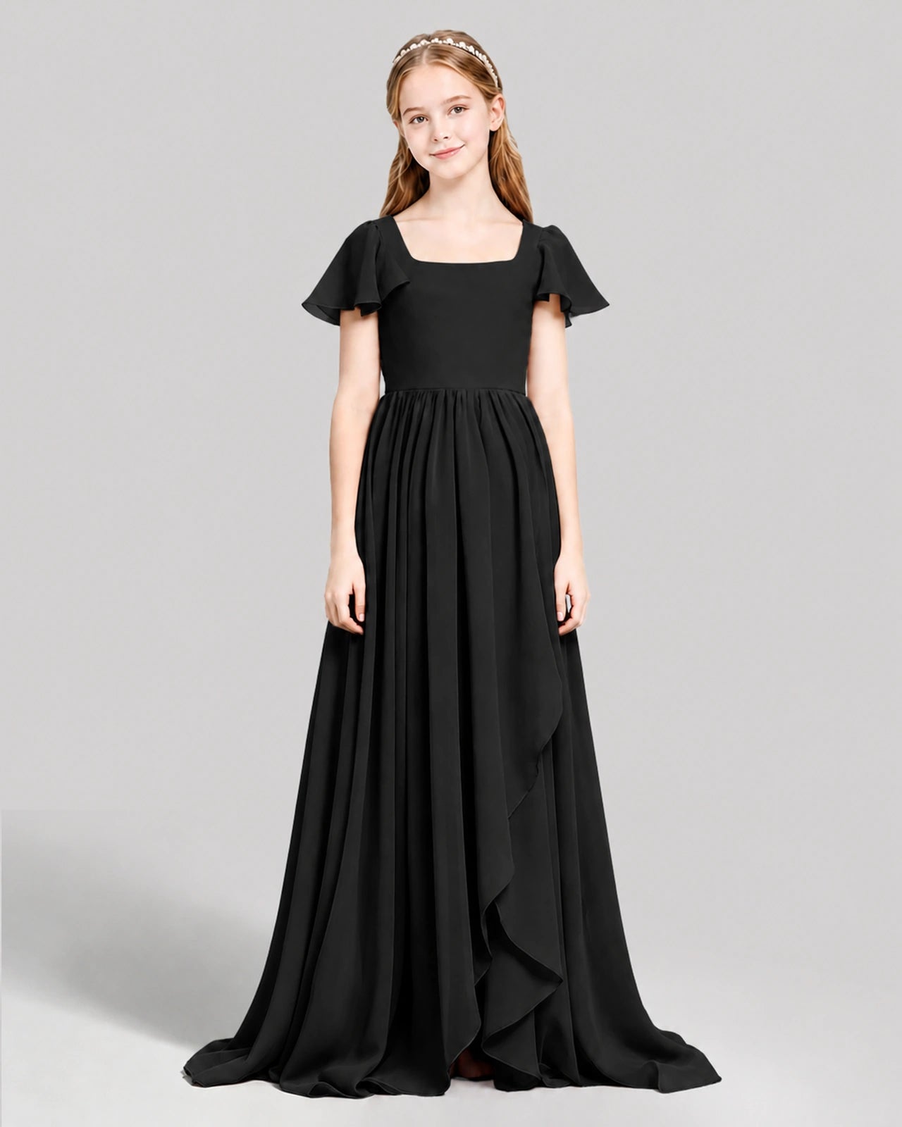 Dideyttawl Junior Bridesmaid Dress with Flutter Sleeves and Ruffle Split Chiffon Gown Main image