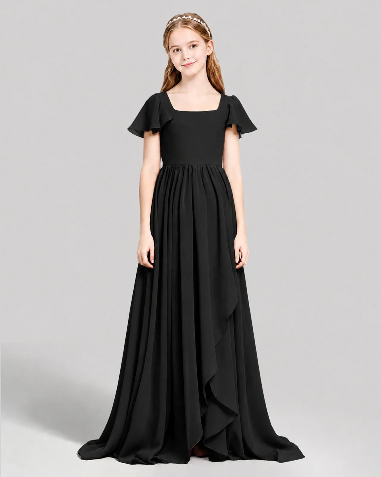 Black Chiffon A-line Junior Bridesmaid Dress Front View