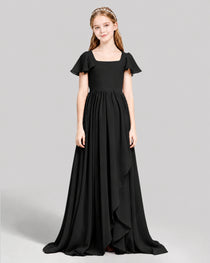 Dideyttawl Junior Bridesmaid Dress with Flutter Sleeves and Ruffle Split Chiffon Gown