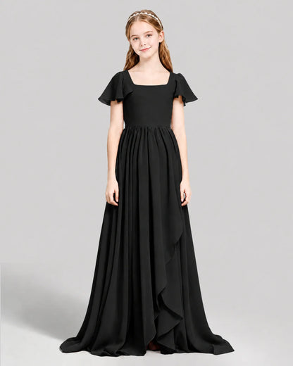 Black Chiffon A-line Junior Bridesmaid Dress Front View