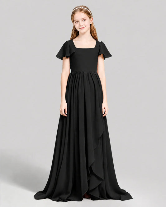 Black Chiffon A-line Junior Bridesmaid Dress Front View