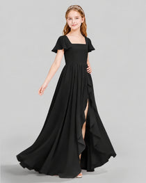 Dideyttawl Junior Bridesmaid Dress with Flutter Sleeves and Ruffle Split Chiffon Gown