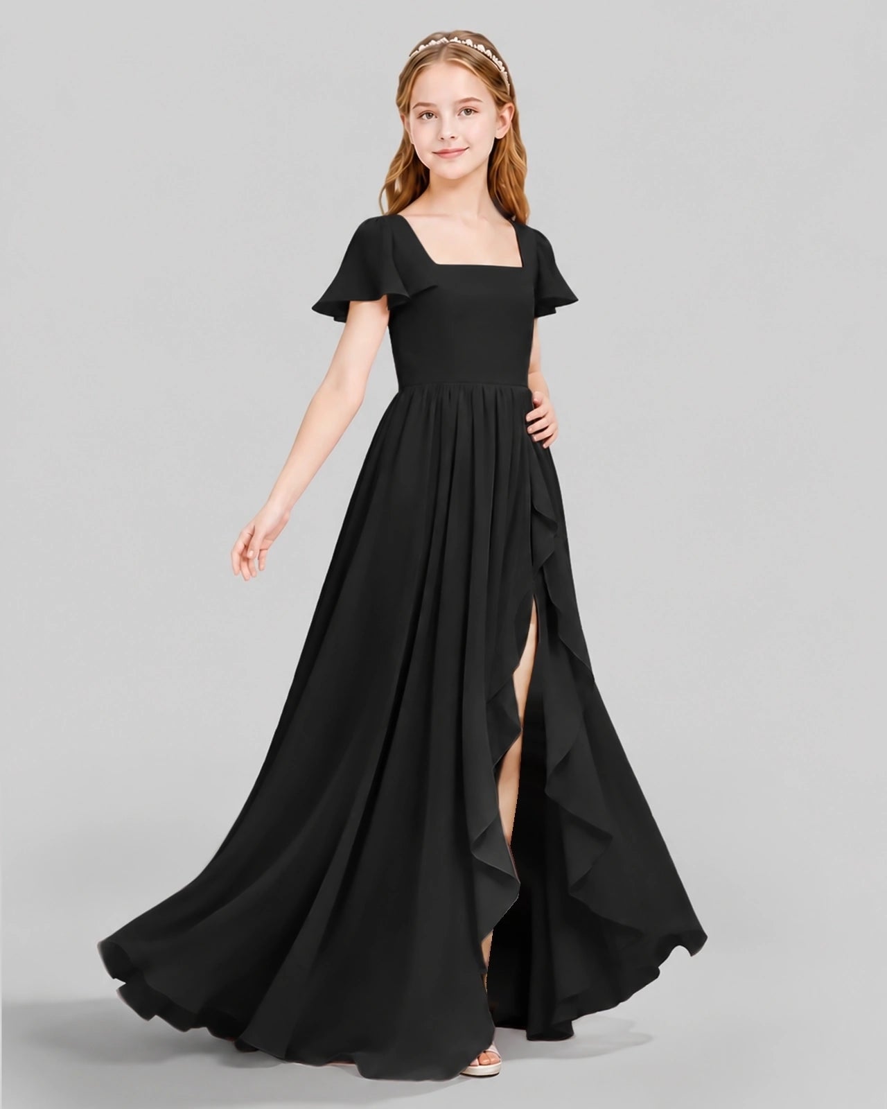 Dideyttawl Junior Bridesmaid Dress with Flutter Sleeves and Ruffle Split Chiffon Gown