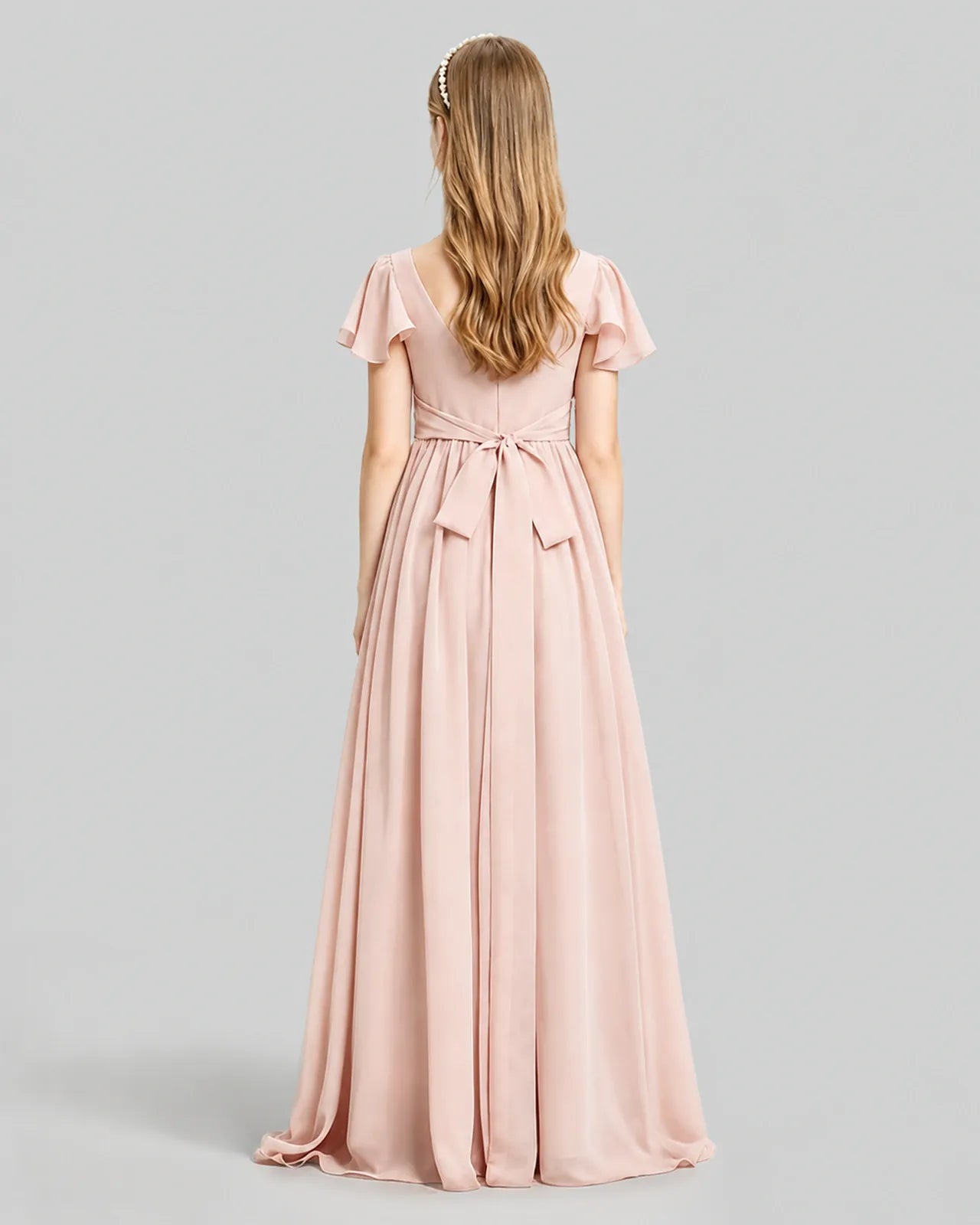 Blush Pink Chiffon A-line Junior Bridesmaid Dress Back View