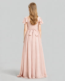 Dideyttawl Junior Bridesmaid Dress with Flutter Sleeves and Ruffle Split Chiffon Gown