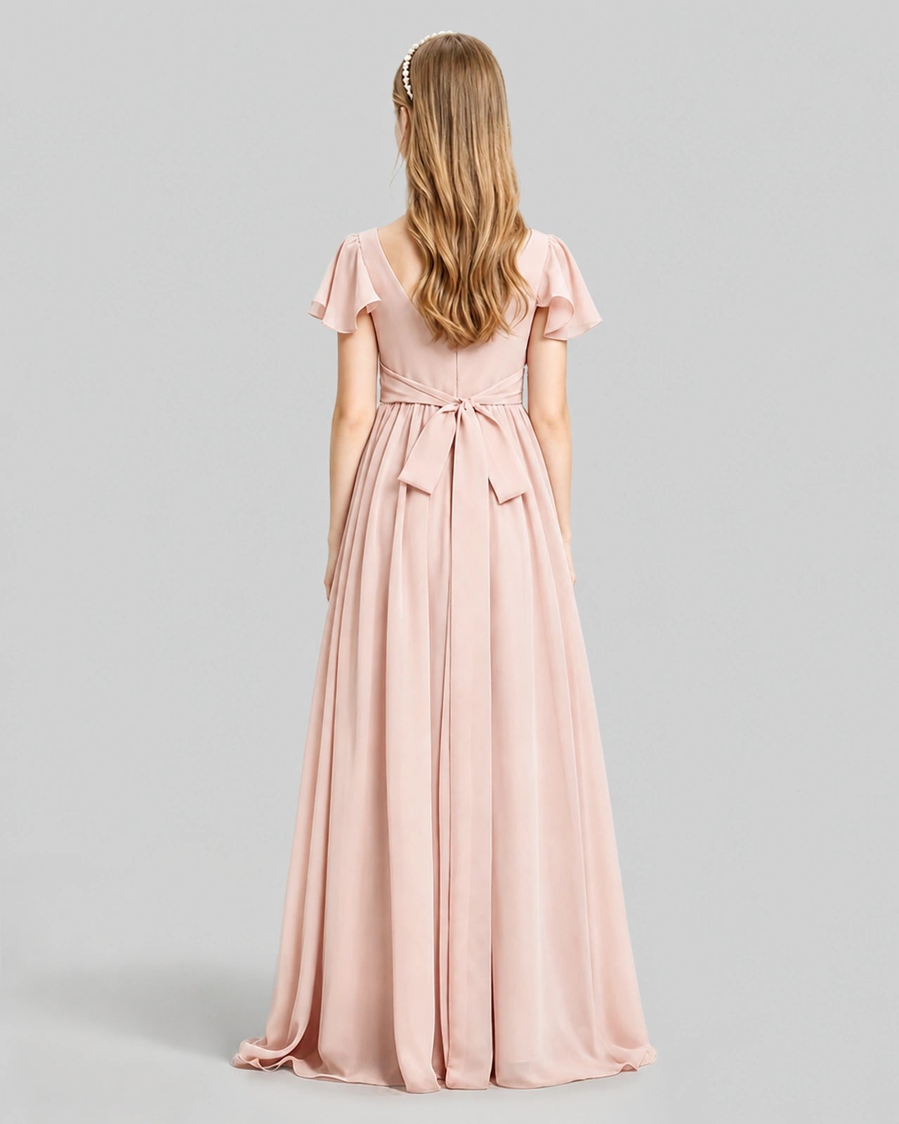 Dideyttawl Junior Bridesmaid Dress with Flutter Sleeves and Ruffle Split Chiffon Gown