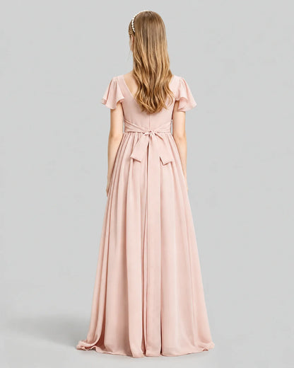 Blush Pink Chiffon A-line Junior Bridesmaid Dress Back View