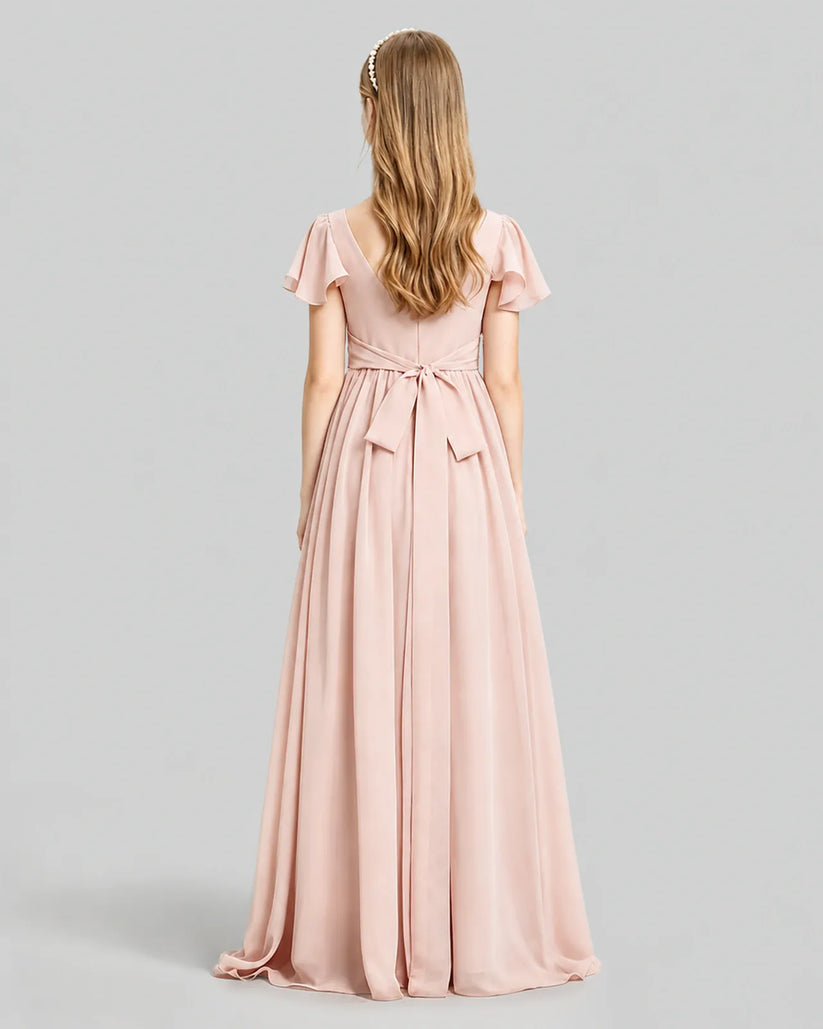 Blush Pink Chiffon A-line Junior Bridesmaid Dress Back View