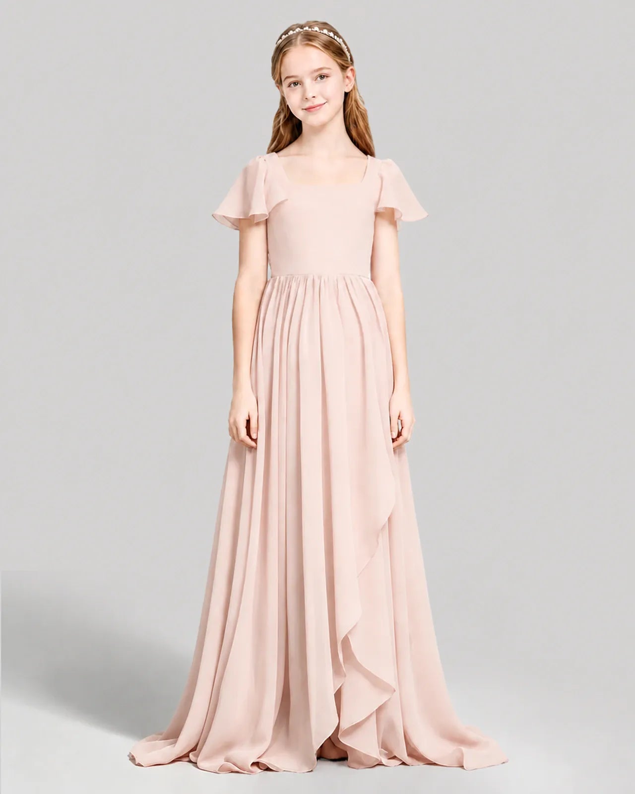 Blush Pink Chiffon A-line Junior Bridesmaid Dress Front View