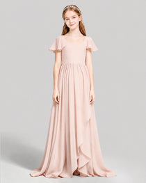 Dideyttawl Junior Bridesmaid Dress with Flutter Sleeves and Ruffle Split Chiffon Gown