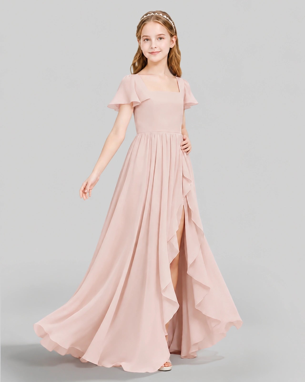 Dideyttawl Junior Bridesmaid Dress with Flutter Sleeves and Ruffle Split Chiffon Gown
