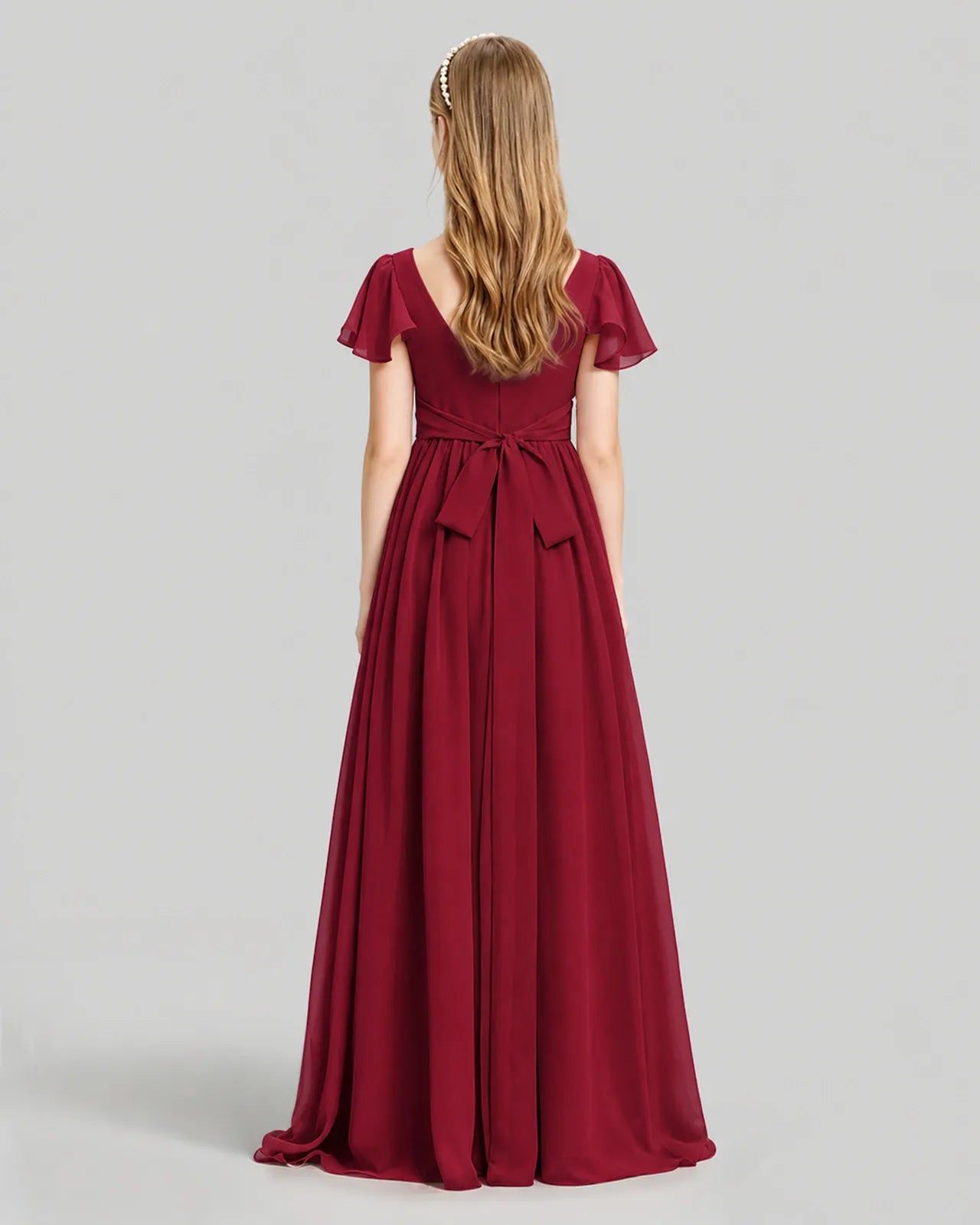 Burgundy Chiffon A-line Junior Bridesmaid Dress Back View