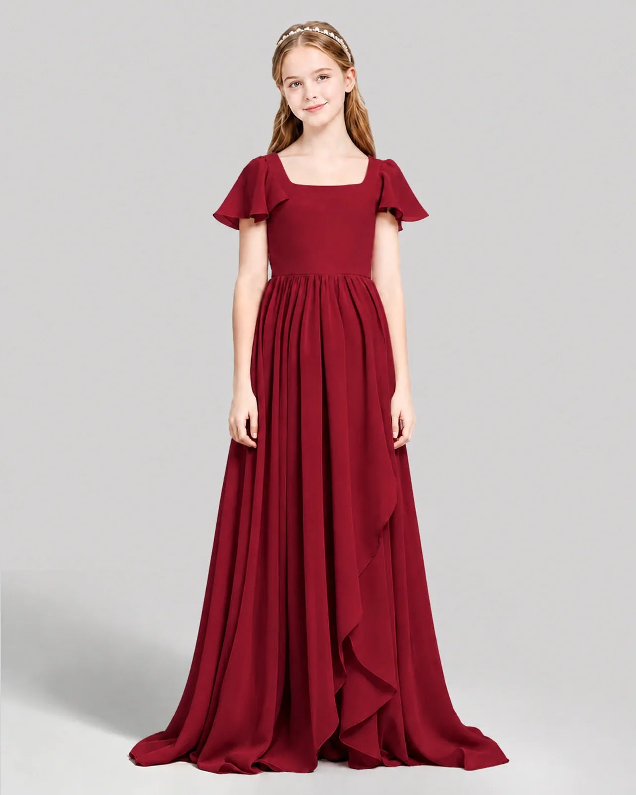 Burgundy Chiffon A-line Junior Bridesmaid Dress Front View