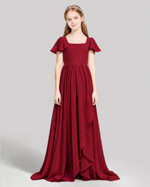 Dideyttawl Junior Bridesmaid Dress with Flutter Sleeves and Ruffle Split Chiffon Gown