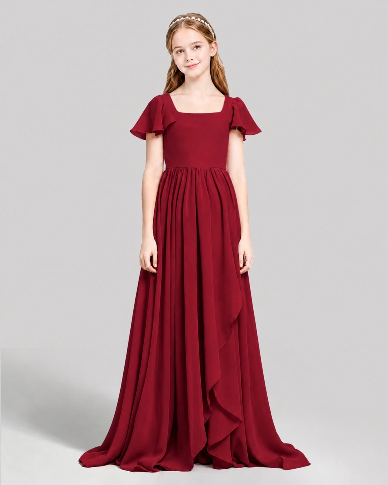Dideyttawl Junior Bridesmaid Dress with Flutter Sleeves and Ruffle Split Chiffon Gown