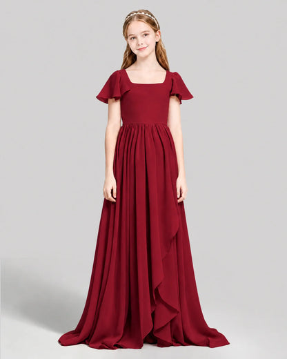 Burgundy Chiffon A-line Junior Bridesmaid Dress Front View