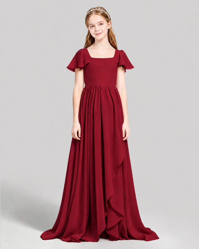 Burgundy Chiffon A-line Junior Bridesmaid Dress Front View