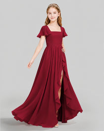 Dideyttawl Junior Bridesmaid Dress with Flutter Sleeves and Ruffle Split Chiffon Gown
