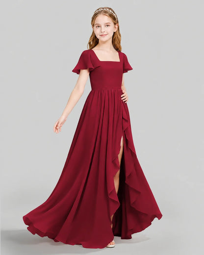 Burgundy Chiffon A-line Junior Bridesmaid Dress Side View