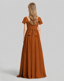 Dideyttawl Junior Bridesmaid Dress with Flutter Sleeves and Ruffle Split Chiffon Gown