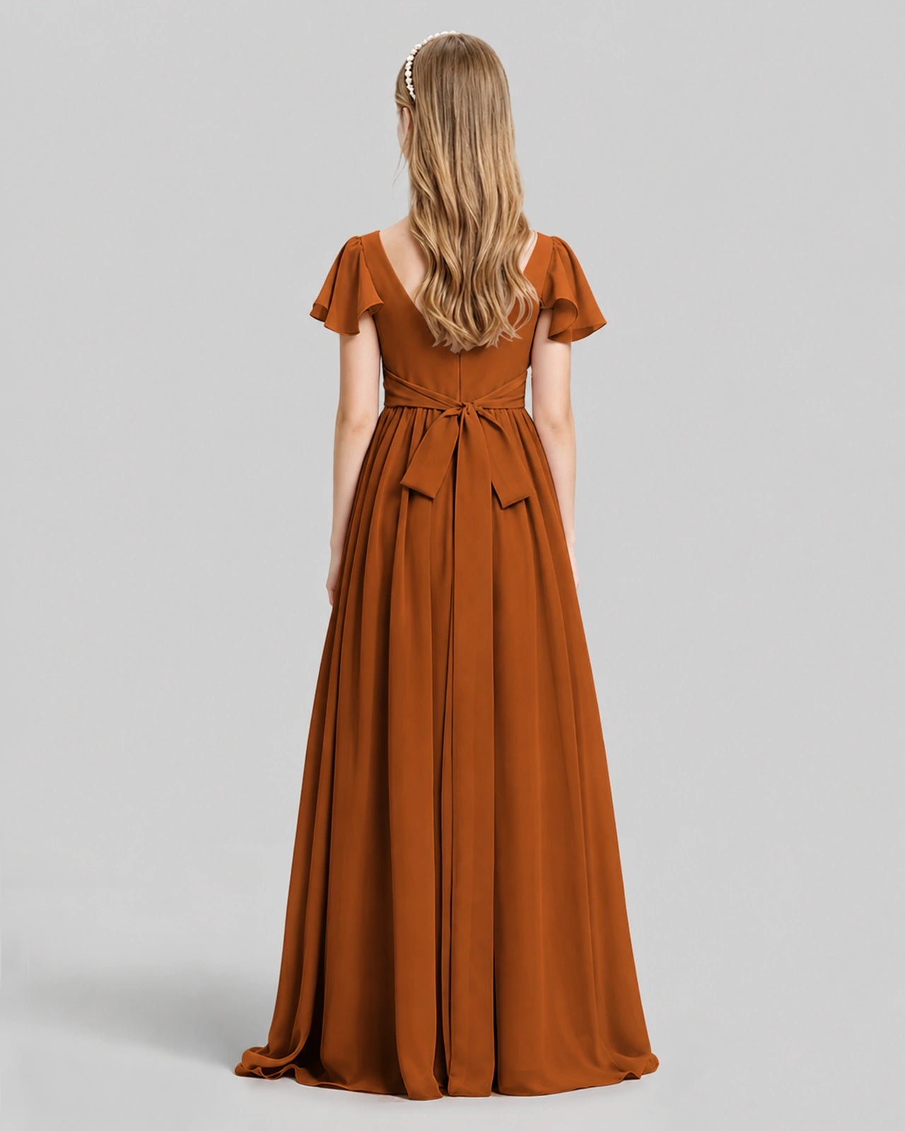Dideyttawl Junior Bridesmaid Dress with Flutter Sleeves and Ruffle Split Chiffon Gown