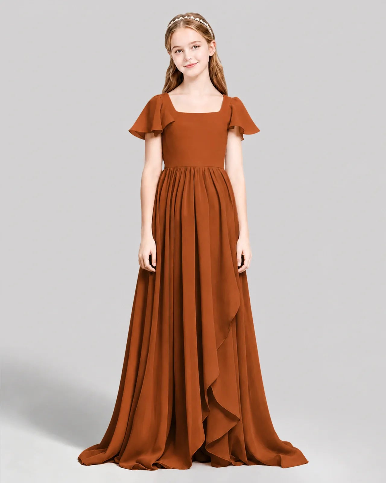 Burnt Orange Chiffon A-line Junior Bridesmaid Dress Front View