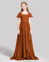 Dideyttawl Junior Bridesmaid Dress with Flutter Sleeves and Ruffle Split Chiffon Gown
