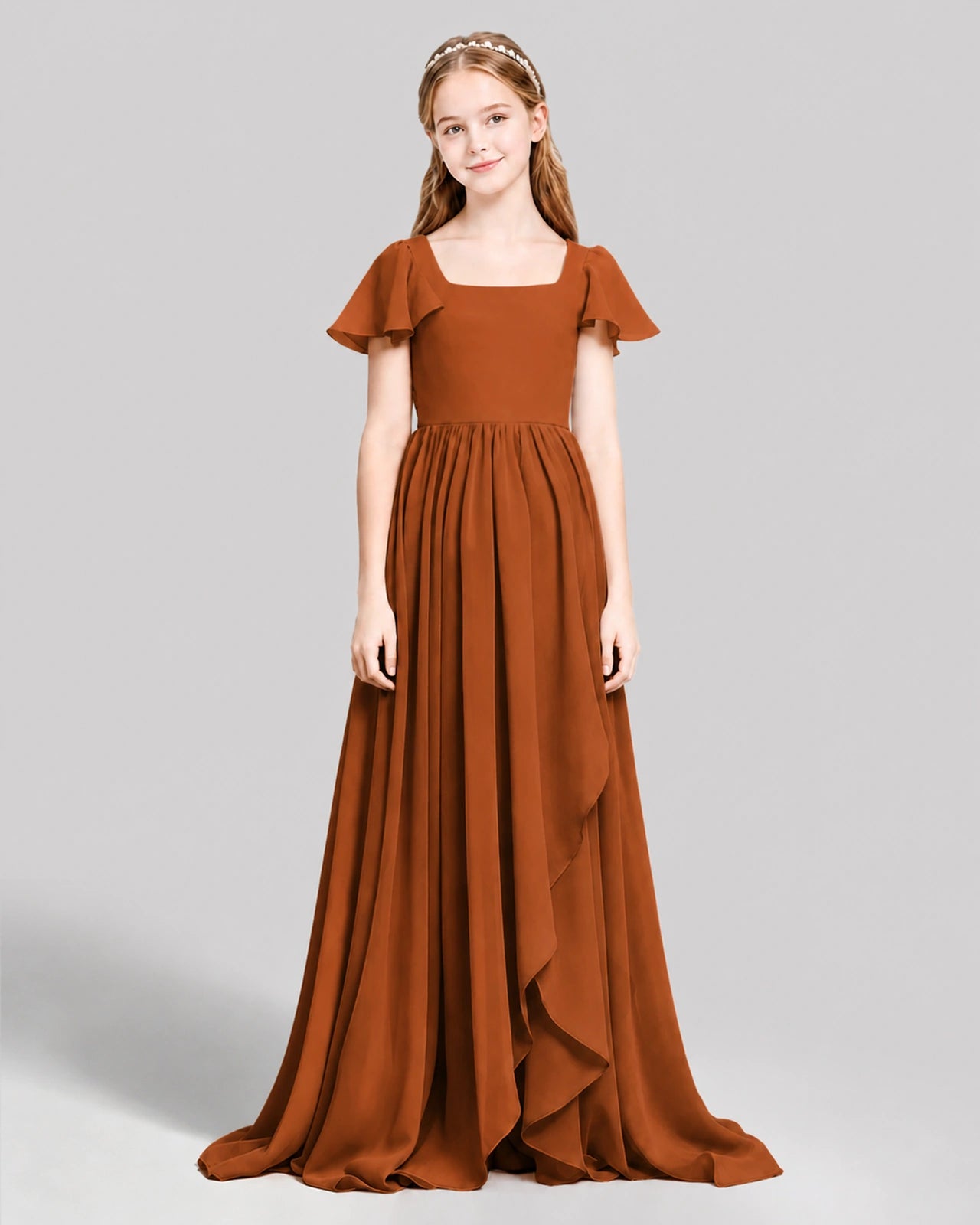 Dideyttawl Junior Bridesmaid Dress with Flutter Sleeves and Ruffle Split Chiffon Gown