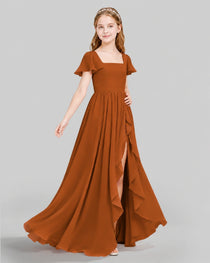Dideyttawl Junior Bridesmaid Dress with Flutter Sleeves and Ruffle Split Chiffon Gown
