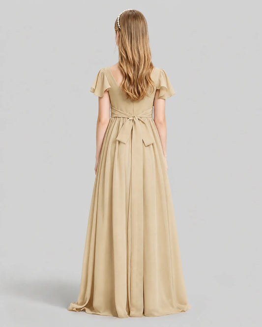 Champagne Chiffon A-line Junior Bridesmaid Dress Back View
