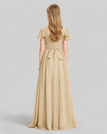 Dideyttawl Junior Bridesmaid Dress with Flutter Sleeves and Ruffle Split Chiffon Gown