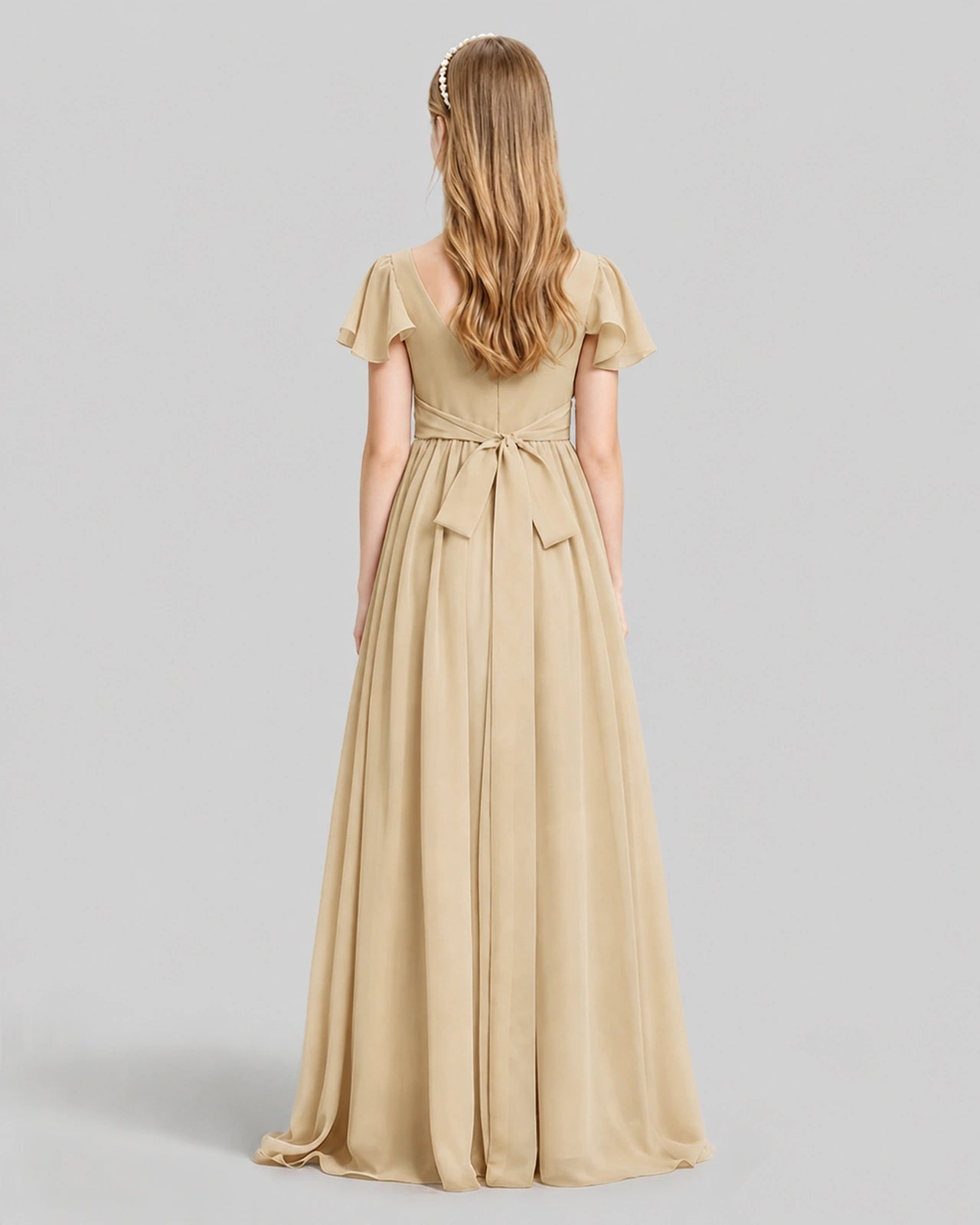 Dideyttawl Junior Bridesmaid Dress with Flutter Sleeves and Ruffle Split Chiffon Gown