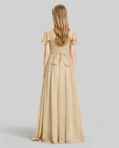 Champagne Chiffon A-line Junior Bridesmaid Dress Back View