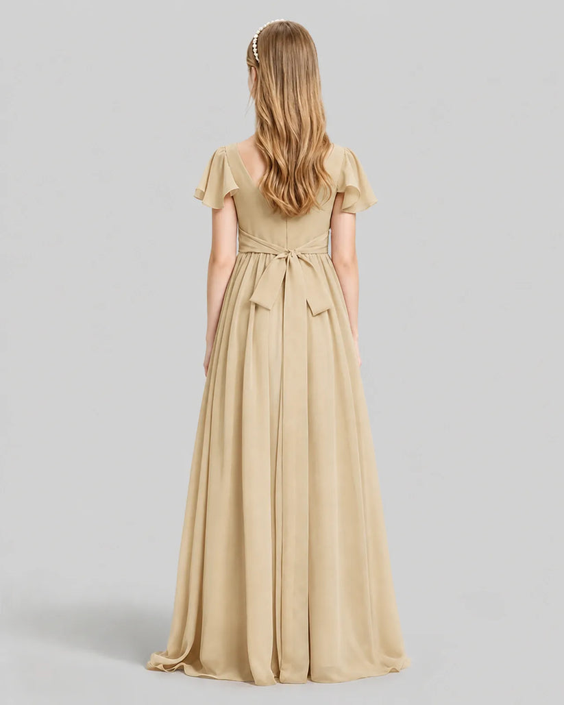 Champagne Chiffon A-line Junior Bridesmaid Dress Back View