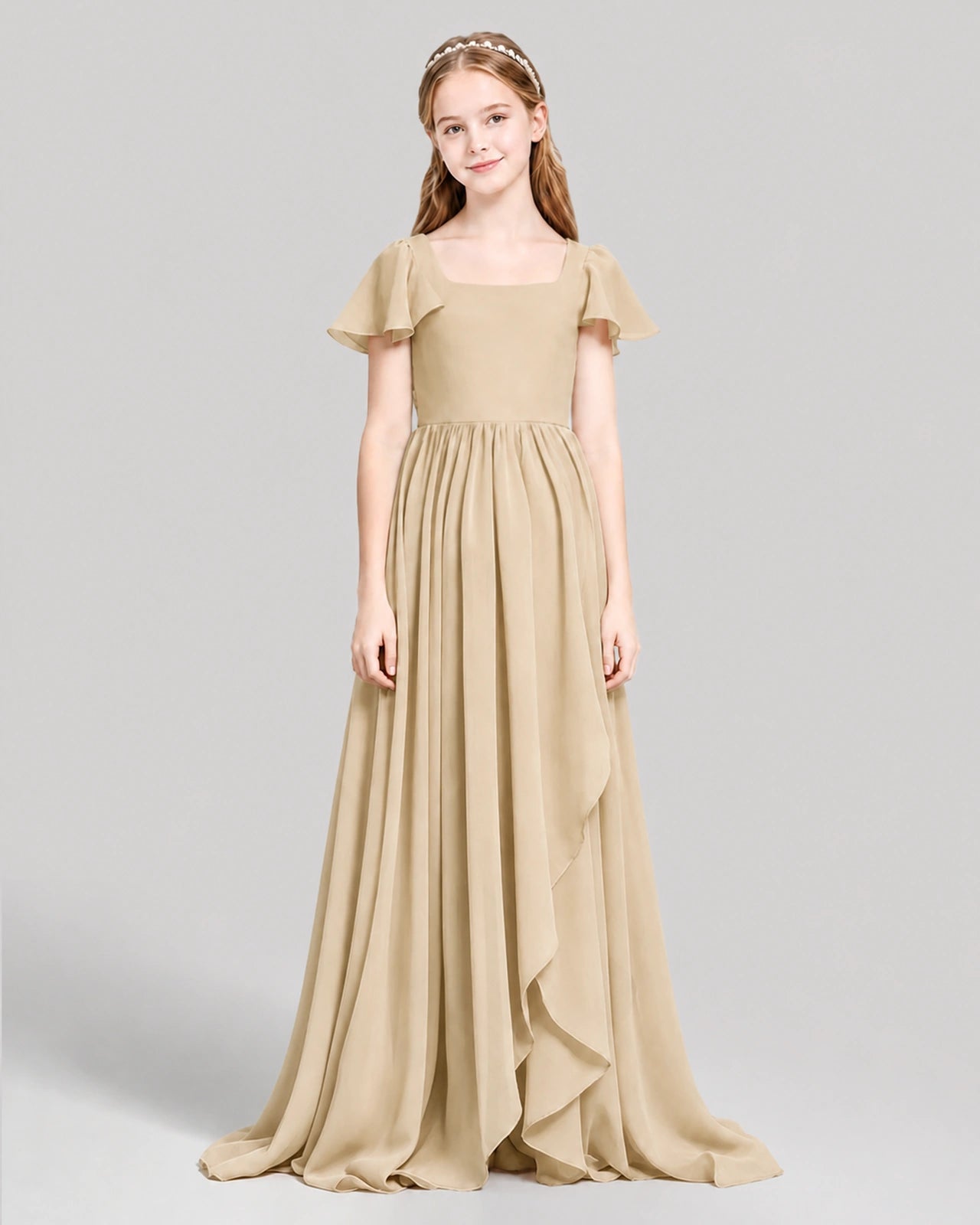 Dideyttawl Junior Bridesmaid Dress with Flutter Sleeves and Ruffle Split Chiffon Gown