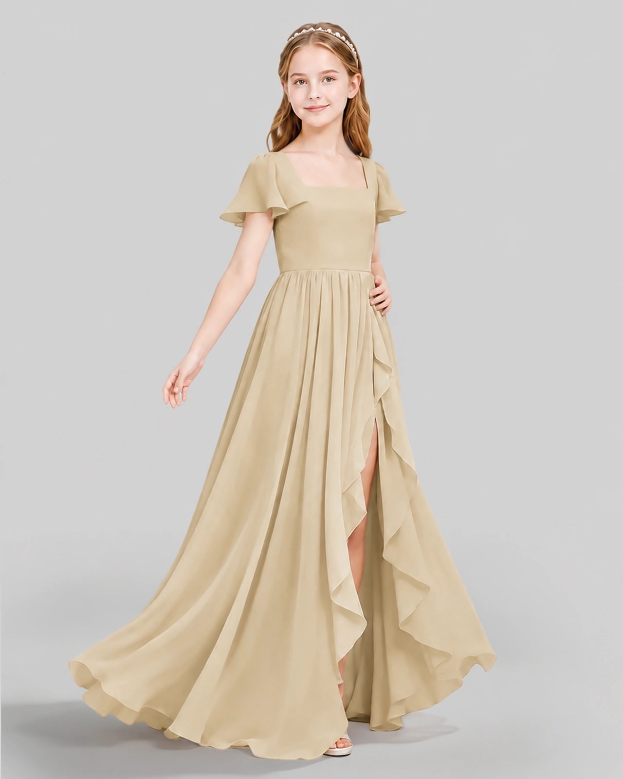 Dideyttawl Junior Bridesmaid Dress with Flutter Sleeves and Ruffle Split Chiffon Gown