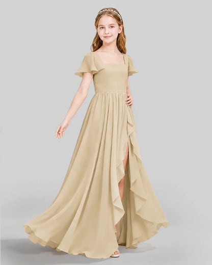 Champagne Chiffon A-line Junior Bridesmaid Dress Side View