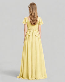 Dideyttawl Junior Bridesmaid Dress with Flutter Sleeves and Ruffle Split Chiffon Gown