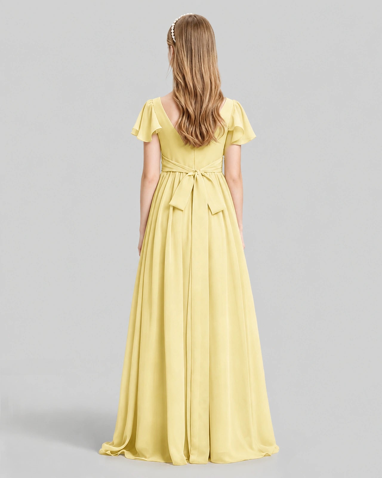 Dideyttawl Junior Bridesmaid Dress with Flutter Sleeves and Ruffle Split Chiffon Gown
