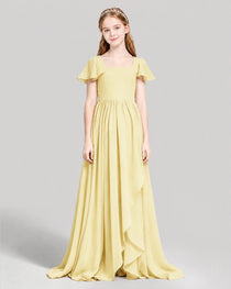 Dideyttawl Junior Bridesmaid Dress with Flutter Sleeves and Ruffle Split Chiffon Gown
