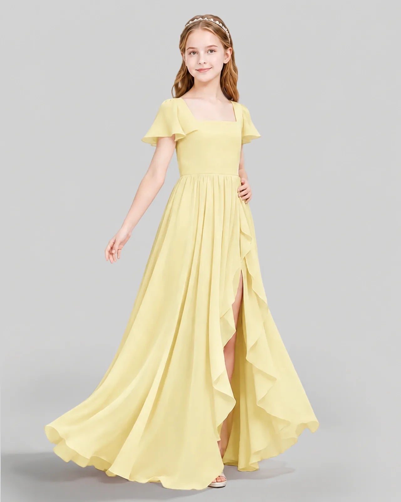 Daffodil Chiffon A-line Junior Bridesmaid Dress Side View