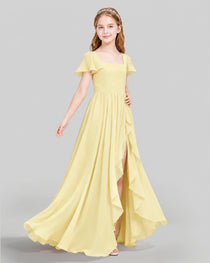 Dideyttawl Junior Bridesmaid Dress with Flutter Sleeves and Ruffle Split Chiffon Gown