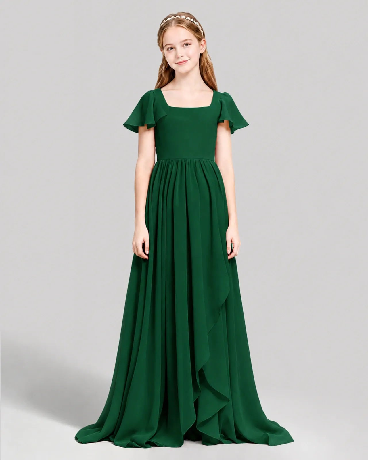Dark Green Chiffon A-line Junior Bridesmaid Dress Front View