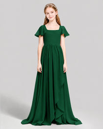 Dideyttawl Junior Bridesmaid Dress with Flutter Sleeves and Ruffle Split Chiffon Gown
