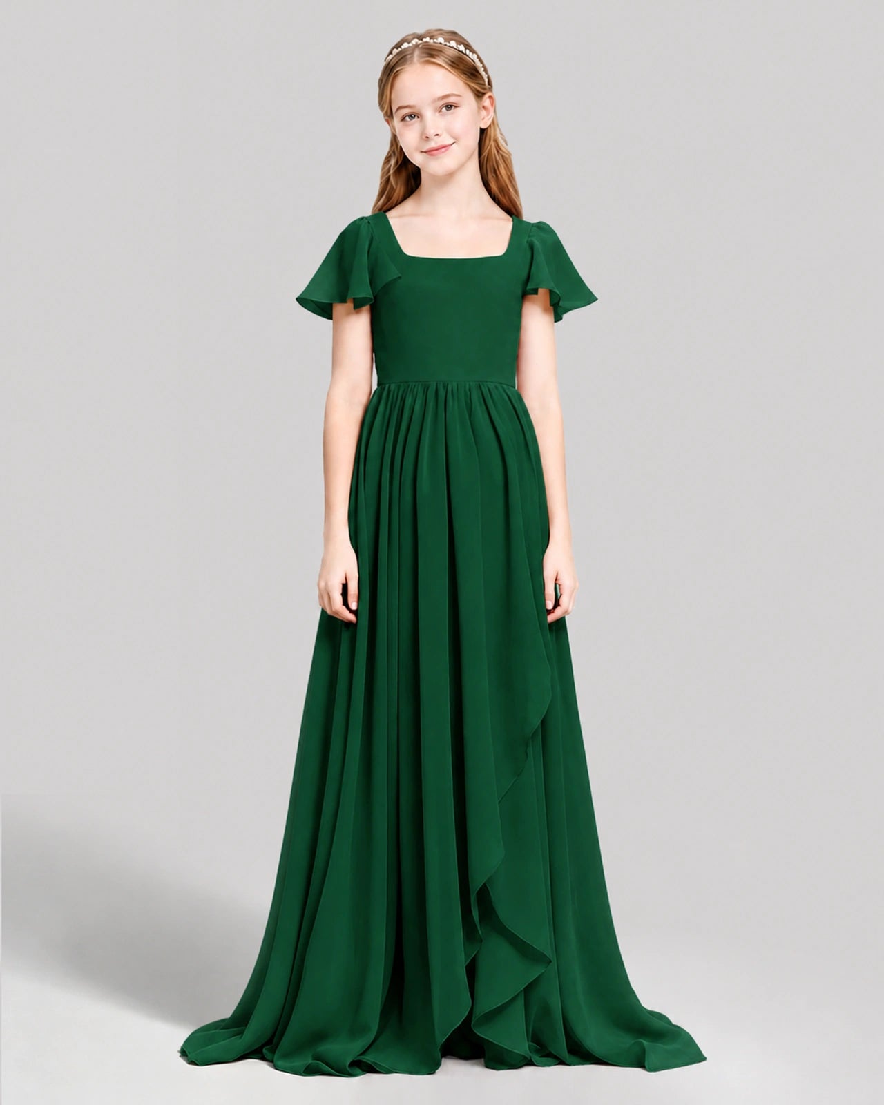 Dideyttawl Junior Bridesmaid Dress with Flutter Sleeves and Ruffle Split Chiffon Gown