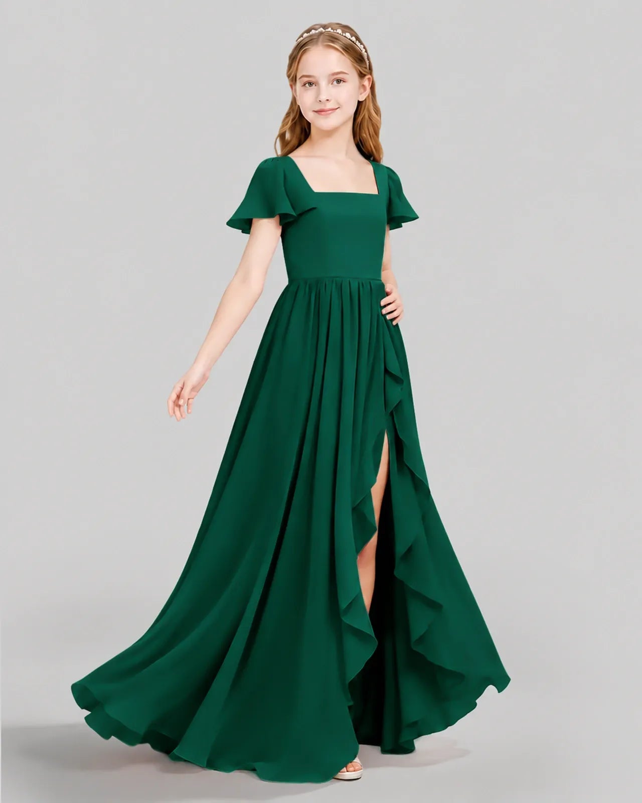 Dark Green Chiffon A-line Junior Bridesmaid Dress Side View