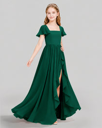 Dideyttawl Junior Bridesmaid Dress with Flutter Sleeves and Ruffle Split Chiffon Gown