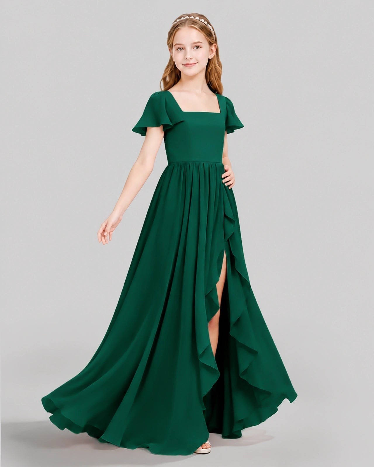 Dideyttawl Junior Bridesmaid Dress with Flutter Sleeves and Ruffle Split Chiffon Gown