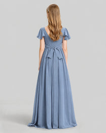 Dideyttawl Junior Bridesmaid Dress with Flutter Sleeves and Ruffle Split Chiffon Gown